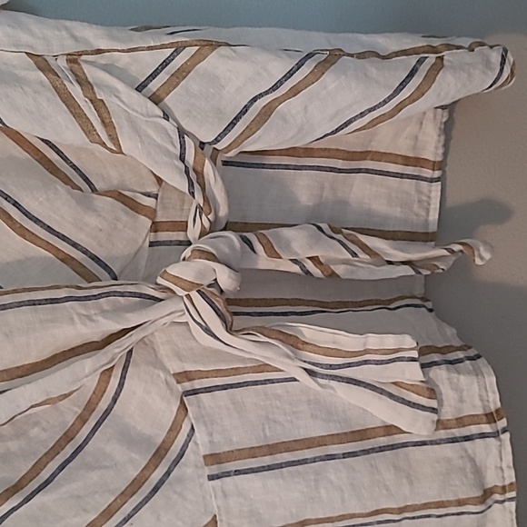 Angela Mara Linen White Tan Blue Striped Pull-on Wide Pants Popover Top Tie Sz L - Picture 3 of 16